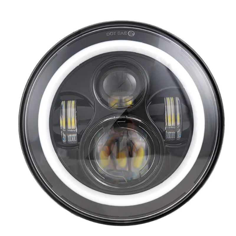 Far LED 7 inch Jeep H4 cu Angel Eyes Alb/Galben DRL + Semnalizare