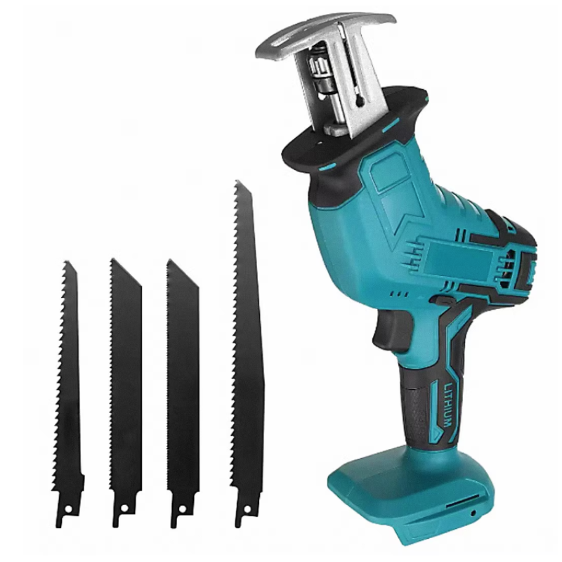 Fierastrau electric tip sabie cu 2 acumulatori 4 panze pentru multiple materiale albastru