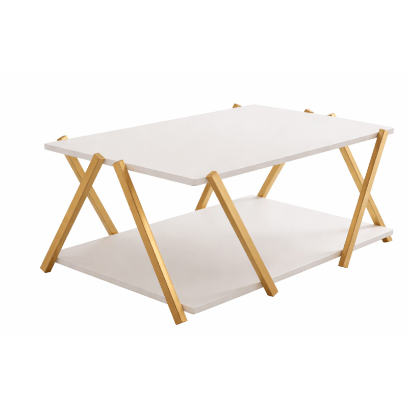 Masuta de cafea moderna cu polita depozitare design minimalist picioare in X GOLD