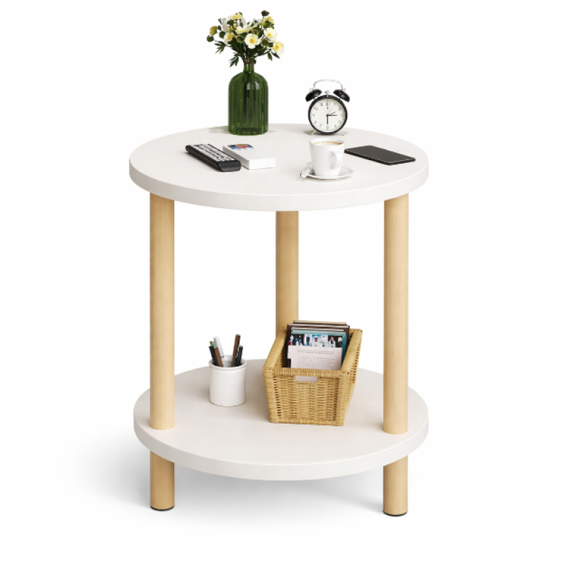 Masuta rotunda moderna cu polita blat alb si picioare din lemn 40 x 53 cm