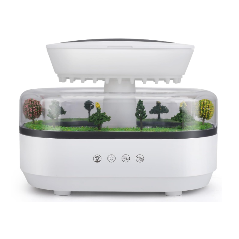 Umidificator cu efect de ploaie si mini peisaj LED RGB aromaterapie lumina ambientala design relaxant