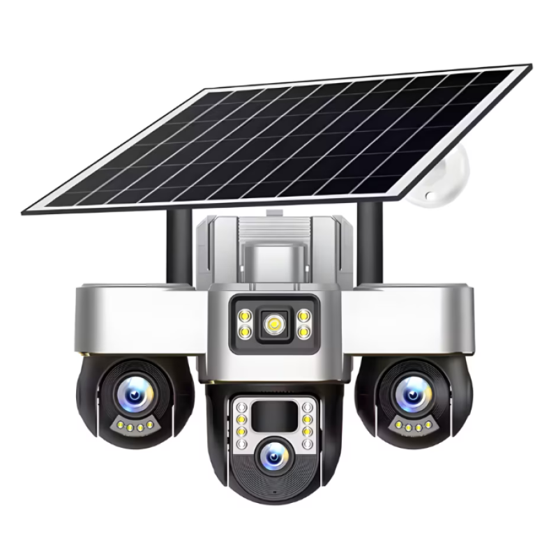 Camera de supraveghere tripla cu panou solar SIM 4G 18MP Full HD 3 zone supravegheate simultan Vedere nocturna