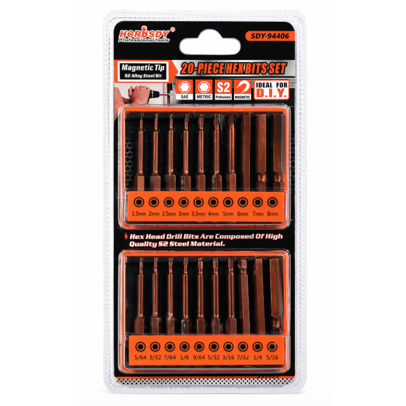 Set biti hexagonali 20 piese HORUSDY S2 magnetici metric si inch pentru bormasina/surubelnita