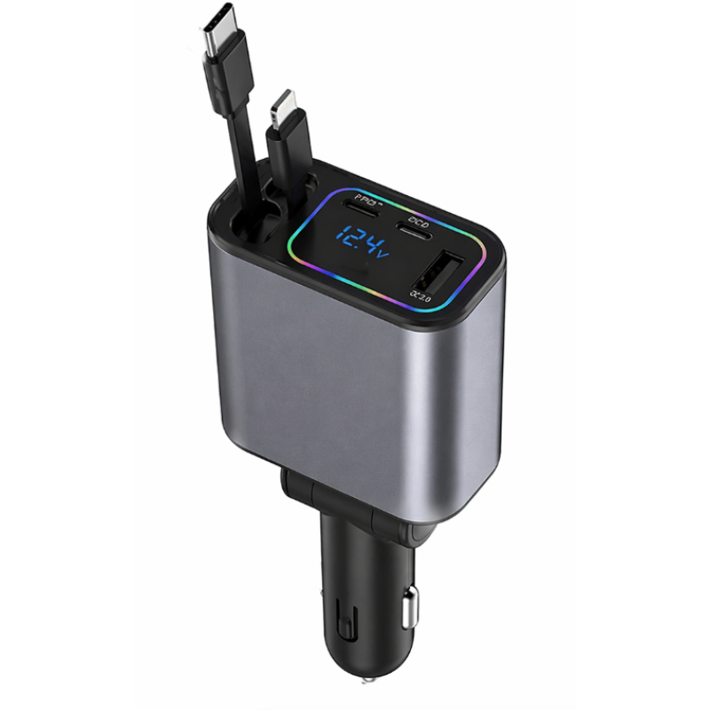 Incarcator auto rapid Q9 putere 120W cu 2 cabluri retractabile si port USB negru