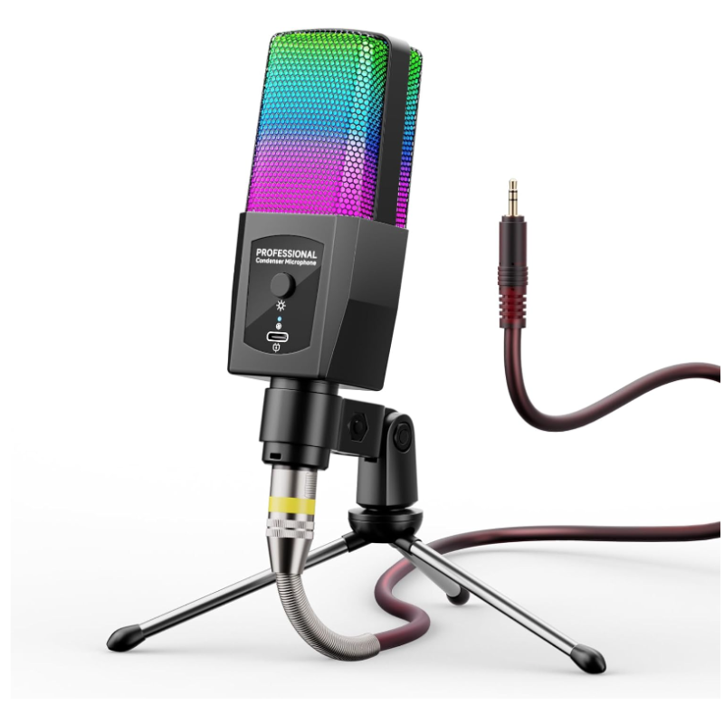Microfon RGB Andowl Q MIC23 USB iluminare LED pentru streaming gaming karaoke si podcast