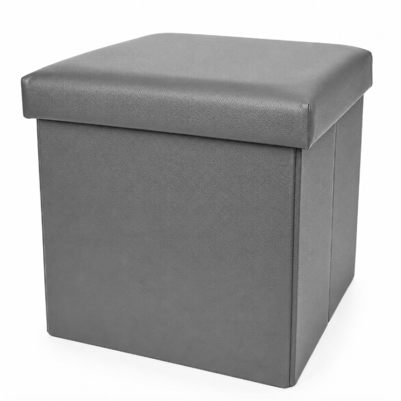 Cutie pliabila pentru depozitare tip taburet GRI 38x35x30 cm PATRATA imitatie PIELE