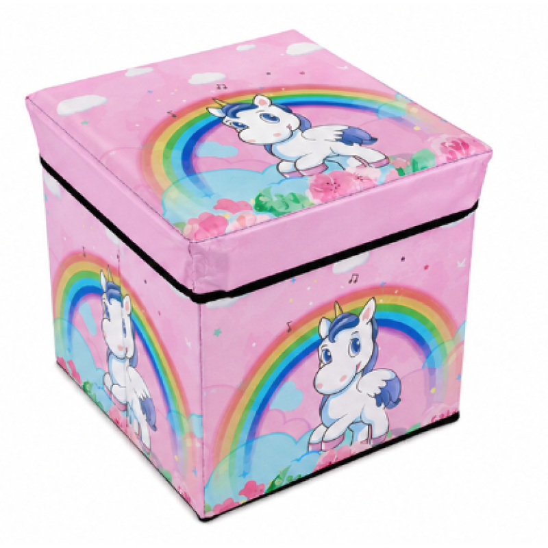 Cutie pliabila pentru depozitare tip taburet cu UNICORN 30x30x30 cm ROZ patrata
