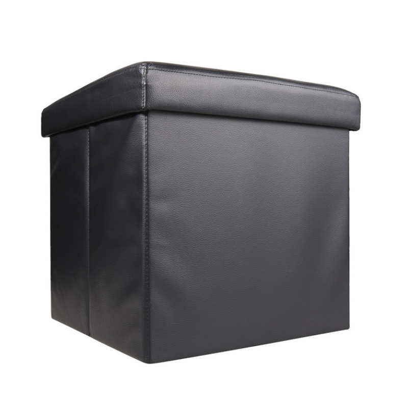 Cutie pliabila pentru depozitare tip taburet NEGRU 38x35x30 cm PATRATA imitatie PIELE