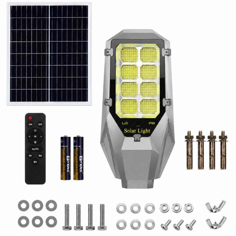 Lampa solara stradala putere 600W cu 8 casete negru gri cu telecomanda