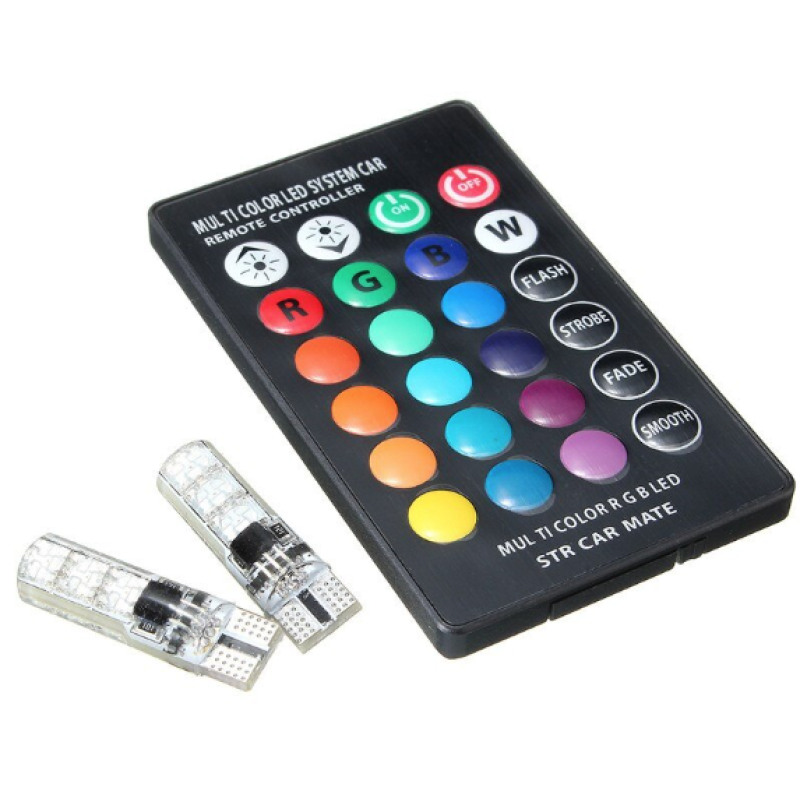 Set 2 Becuri T10 LED 12v RGB Cu Telecomanda Auto RU