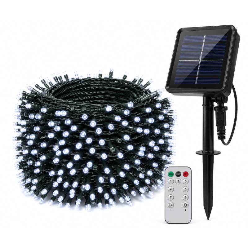 Instalatie solara 1000 LED de 100 metri cu telecomanda pentru exterior ALB RECE HS