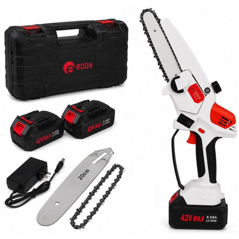 Mini fierastrau Edon MX294 Profesional 2 acumulatori 42 V 8Ah rezervor ulei sistem ungere lant lama 20 cm NEGRU CU PORTOCALIU