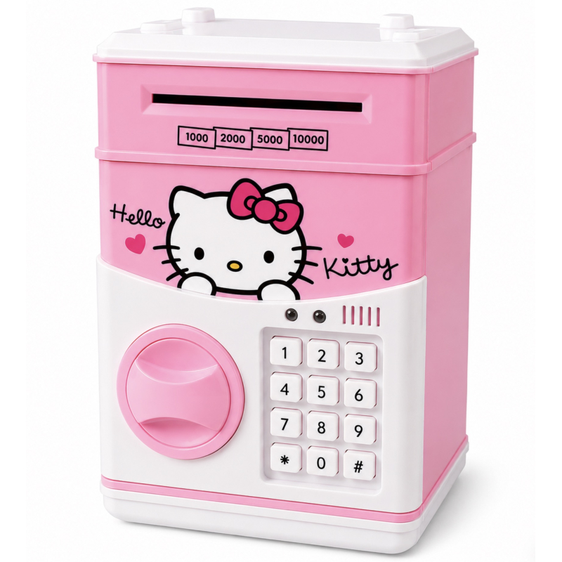 Pusculita pentru copii cu functie ATM cod pin si seif Roz/Alb Hello Kitty