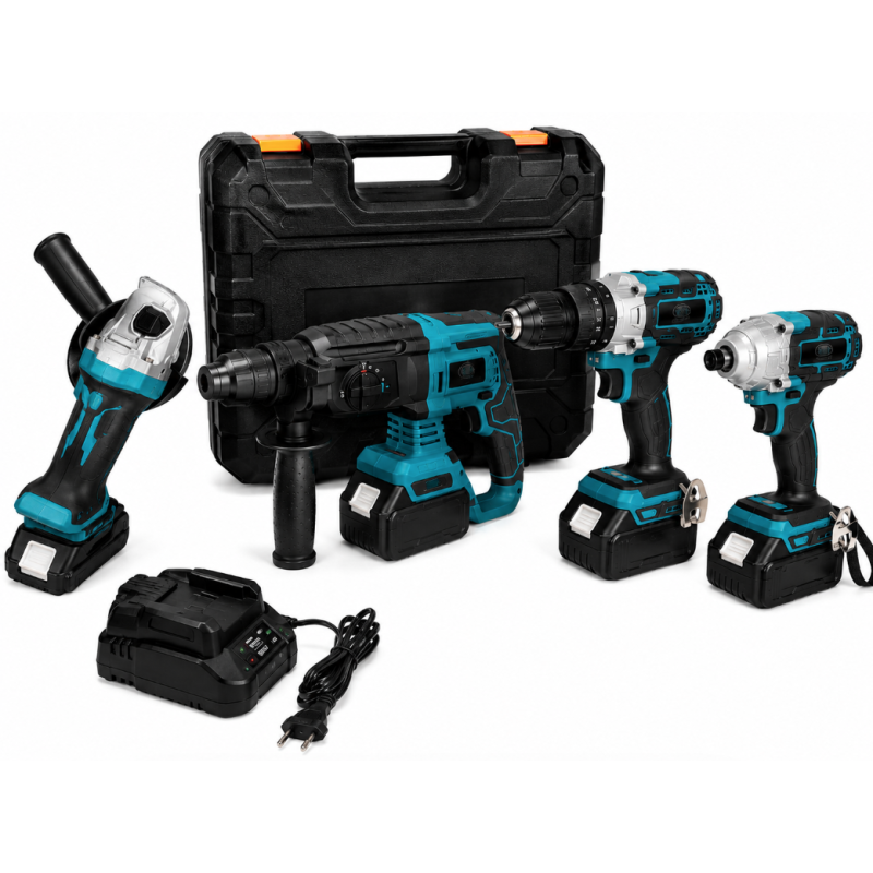 Trusa completa 4 Piese 24V 5AH ce contine : Rotopercutor Bormasina Autofiletanta de impact si Flex