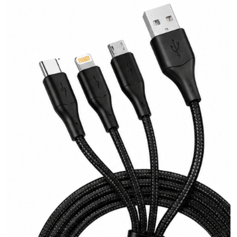 Cablu 3 in 1 pentru incarcare rapida USB A la Type C + Lightning + Micro USB impletit 3 Metri XXG III