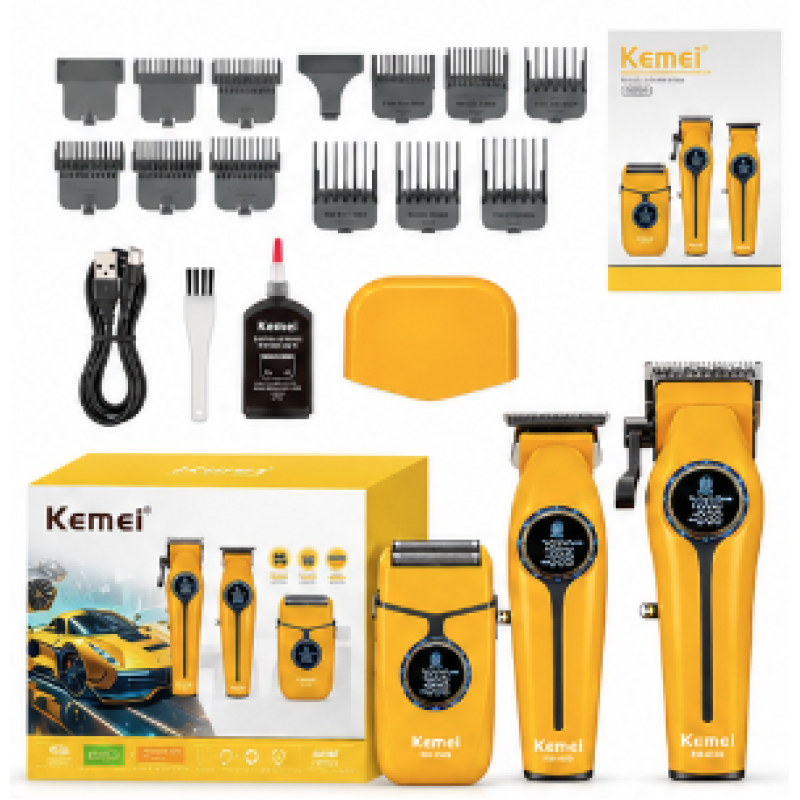 Kit Profesional Kemei KM 8566 model 3 in 1 Masina de Tuns + Trimmer + Shaver display digital