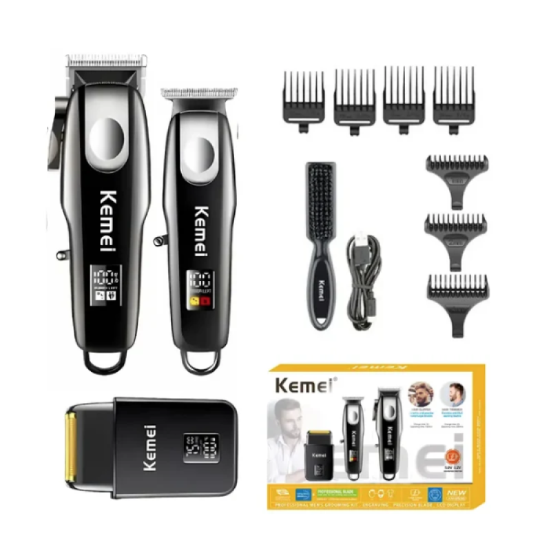 Kit Profesional Kemei KM 8531 model 3 n 1 Masina de Tuns + Trimmer + Shaver display LCD 7500 RPM