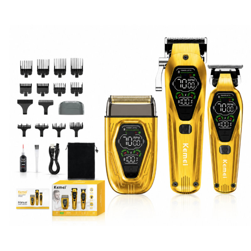Set Profesional 3 in 1 Kemei KM 8551 Masina de Tuns + Trimmer Contur + Aparat de Ras 9000 RPM display LED 12 Piepteni
