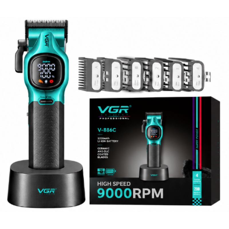 Masina de Tuns Profesionala VGR V 886C VERDE de 9000 RPM 3200mAh display LED baza de incarcare
