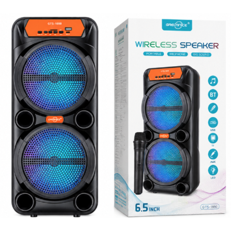 Boxa portabila GTS 1880 bluetooth 2×6.5 inch LED RGB microfon wireless Karaoke