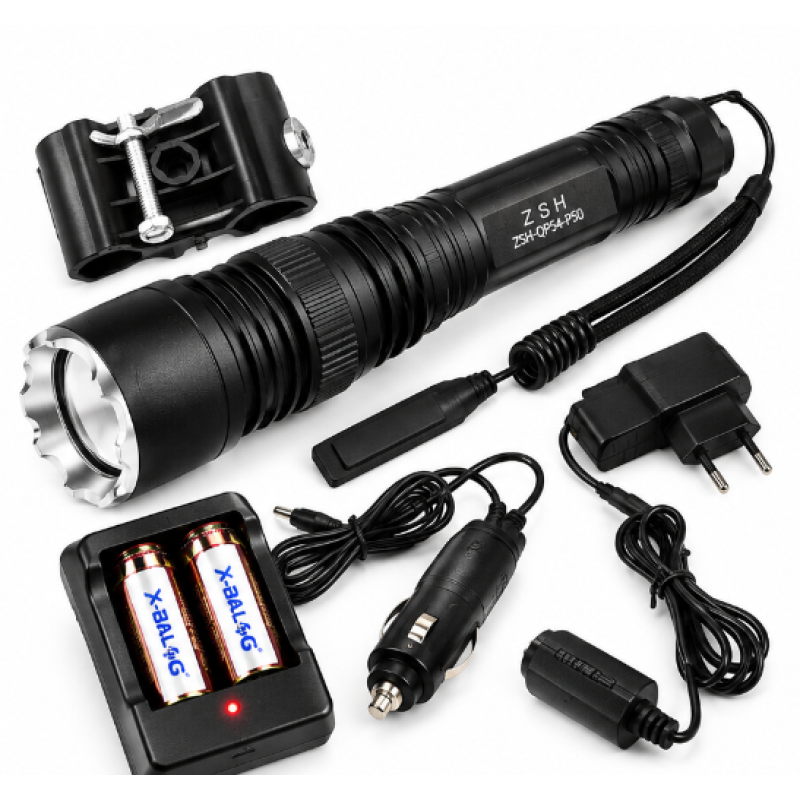 Lanterna LED Tactica ZSH QP54 P50 Zoom 2×18650 Suport si incarcare 12V/220V