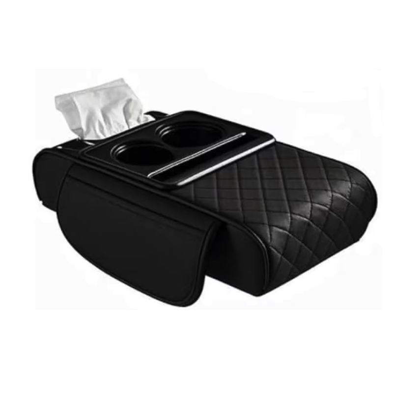 Organizator pentru cotiera auto 2 in 1 cu suport dublu pentru pahare compartiment pentru servetele si buzunar lateral
