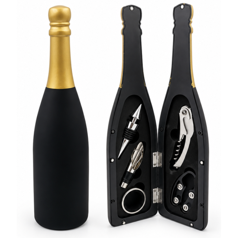 Set 5 Accesorii pentru Vin in Cutie Tip Sticla de sampanie CHAMPAGNE 32 cm