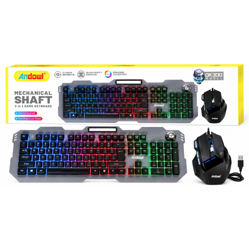 Kit Gaming Andowl OK300 2 in 1 Tastatura cu Mouse Iluminare RGB Design Mecanic
