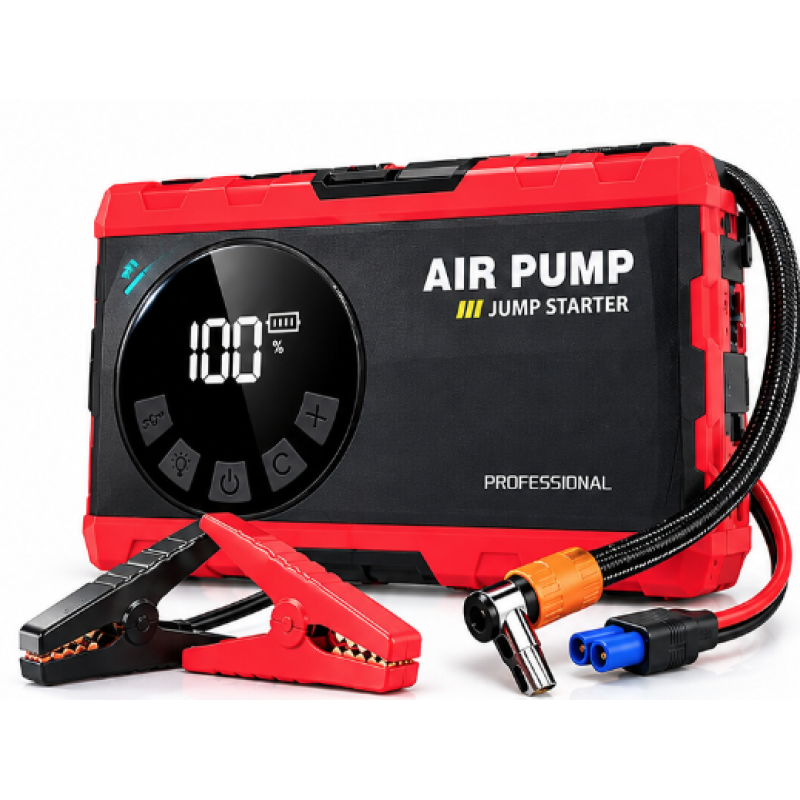 Compresor auto portabil 12V cu functie de pornire de urgenta afisaj digital lanterna LED