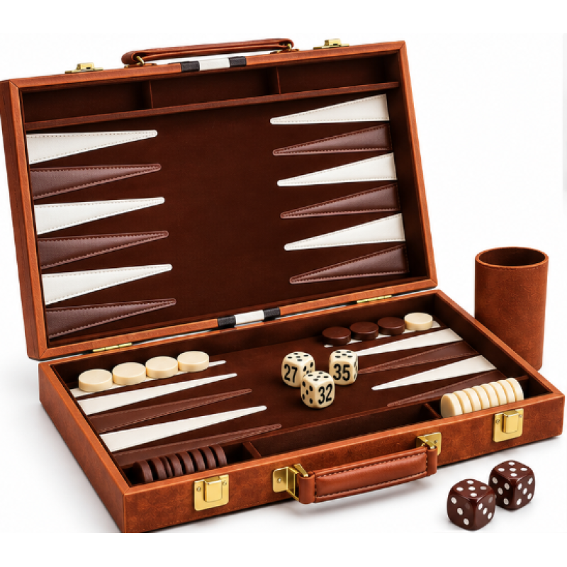 Set table de backgammon premium 28 × 19 cu piese de joc zaruri si cutie eleganta tip serviet