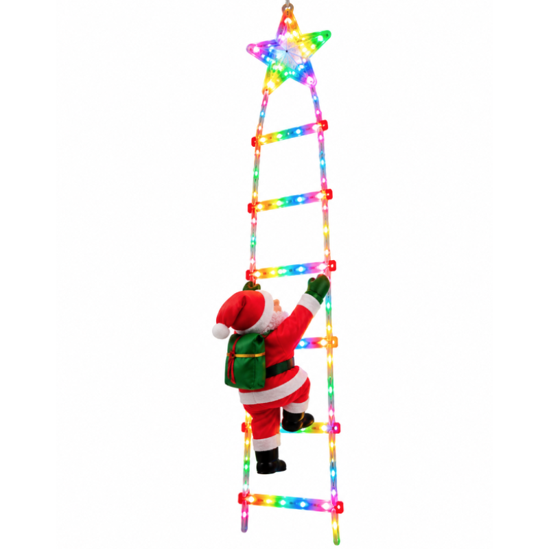 Decoratiune Scara Luminoasa de Craciun cu Mos Craciun si Steluta LED Multicolora 1.5 m 6 Trepte