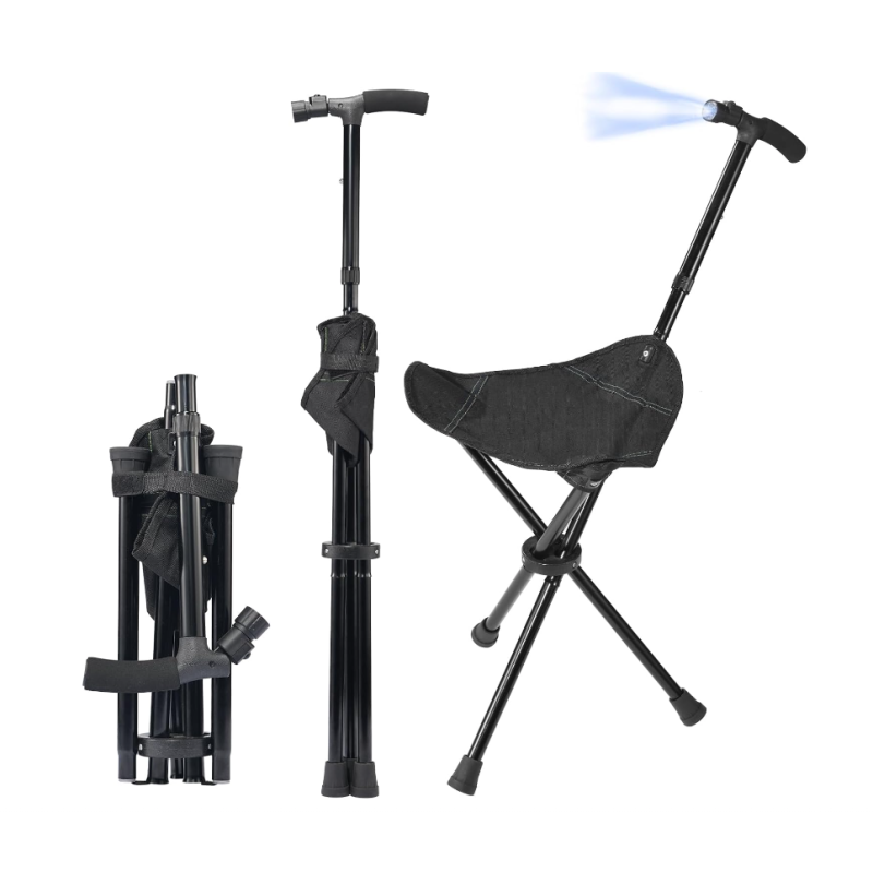 Baston Multifunctional Pliabil cu Scaun Integrat lanterna LED si maner ergonomic pentru Sprijin si Odihna