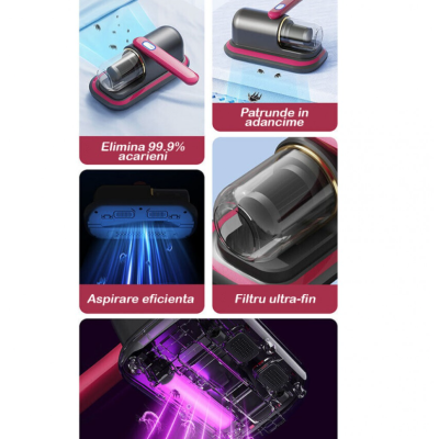 Aspirator portabil acarieni si praf cu acumulator tehnologie UV C