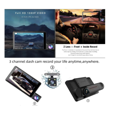 Camera auto de bord tripla Full HD 1080P 3 camere fata+interior+marsarier Senzor de coliziune G-senzor Filmare continua Vedere nocturna