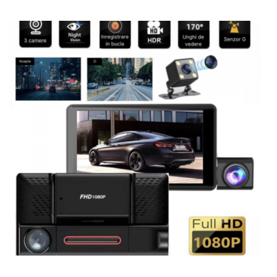 Camera auto de bord tripla Full HD 1080P 3 camere fata+interior+marsarier Senzor de coliziune G-senzor Filmare continua Vedere nocturna