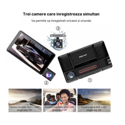 Camera auto de bord tripla Full HD 1080P 3 camere fata+interior+marsarier Senzor de coliziune G-senzor Filmare continua Vedere nocturna