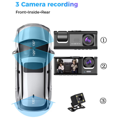 Camera Auto Dvr de Bord Full Hd 1080p Camp Vizual Ultra Larg de 170 grade Ecran Lcd 3 Lentile