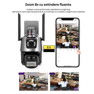 Camera de supraveghere dubla WIFI 8MP exterior/interior Ultra HD 5X zoom rotire alarma senzor miscare AX