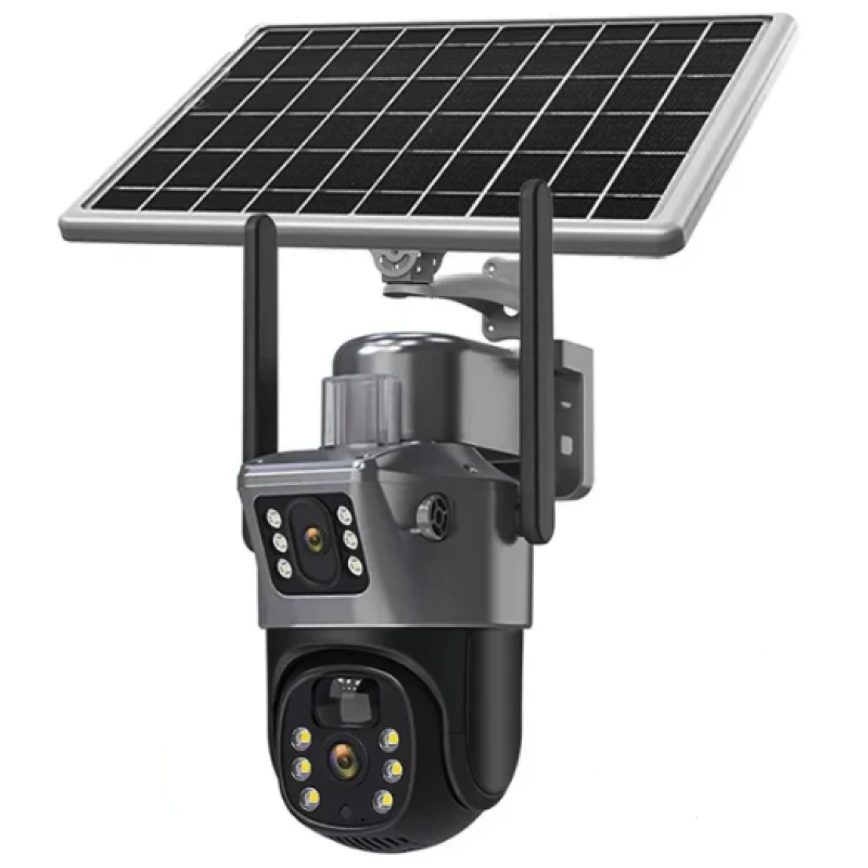 Camera de supraveghere V380 cu panou solar 8MP Detectare PIR lentile duble GRI