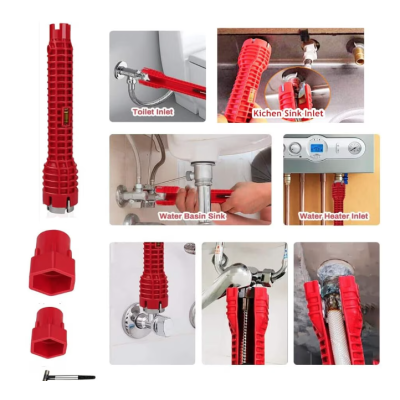 Cheie multifunctionala rosie pentru instalatii sanitare 3 capete interschimbabile