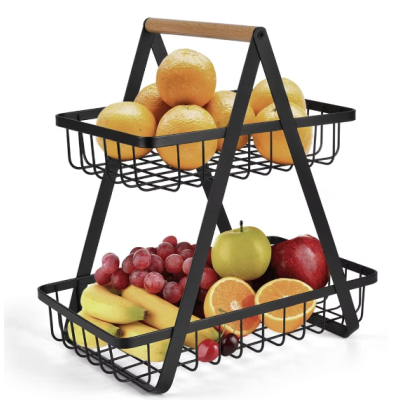 Cos metalic stil organizator fructe legume cu 2 niveluri NEGRU