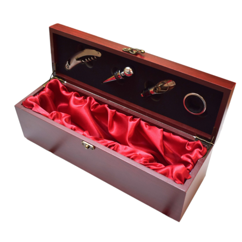 Cutie pentru Vin din Lemn cu 4 Accesorii Tirbuson Dop elegant Dop servire Inel antipicurare 36 x 11cm