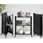 Etajera cu 3 polite mobila Depozitare bucatarie pliabila pe roti Neagra