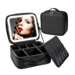 Geanta pentru cosmetice cu oglinda si lumina LED compartiment separat pentru pensule