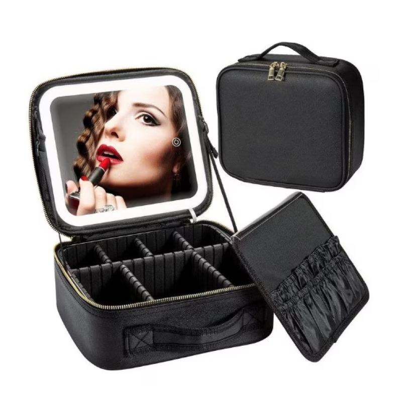 Geanta pentru cosmetice cu oglinda si lumina LED compartiment separat pentru pensule