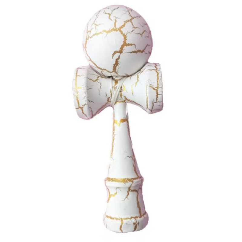 Kendama profesionala din lemn 18 cm model clasic cu design crapat culoare ALB