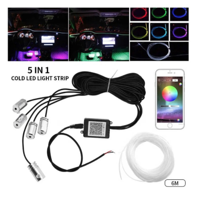 Kit Lumini ambientale auto 5 LED x 6 m neon RGB, aplicatie prin Bluetooth
