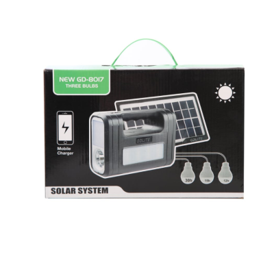 Kit solar GD-Lite 8017 dotat cu dispozitive USB cu 3 becuri LED + acumulator de mare capacitate XL