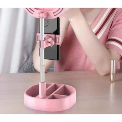 Lampa circulara patrata de machiaj cu oglinda si suport telefon/accesorii