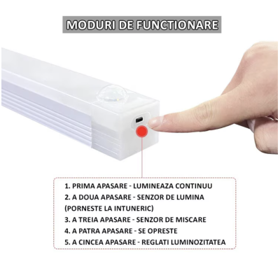 Lampa LED cu senzor de miscare si lumina 30 cm pentru dulap dressing portbagaj scari oglinda casa 3 moduri de functionare